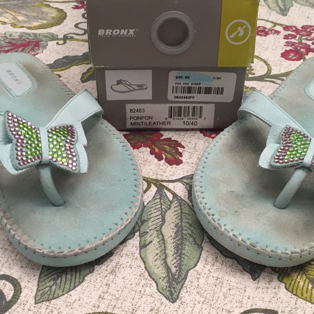 Mint Leather Rhinestone Butterfly Flip Flops - Picture 7 of 7